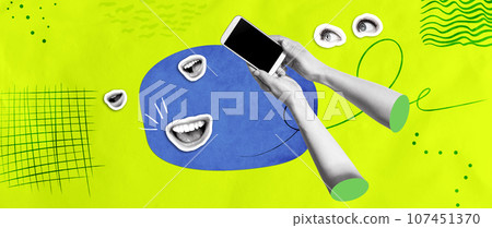 Person using a smartphone with eyes and mouth Person using a smartphone with eyes and mouth 107451370