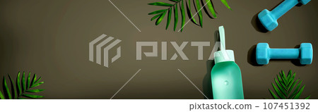 Fitness theme with a water bottle and dumbbells 107451392