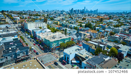 Aerial Castro District rainbow crosswalks with skyscraper view of downtown San Francisco Aerial Castro District rainbow crosswalks with skyscraper view of downtown San Francisco 107452466
