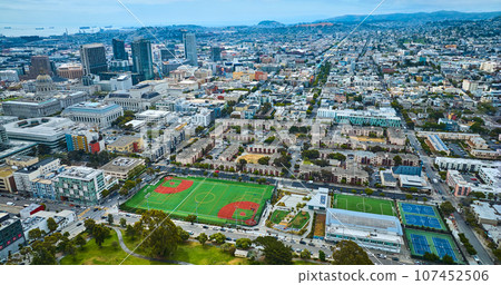 Aerial San Francisco city with close view of multiple sport parks 107452506