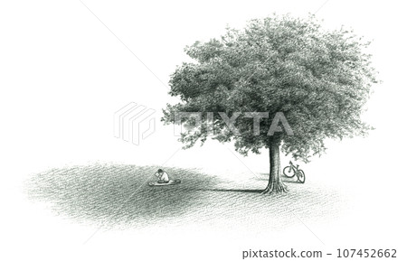 person reading a book in the shade of a tree person reading a book in the shade of a tree 107452662