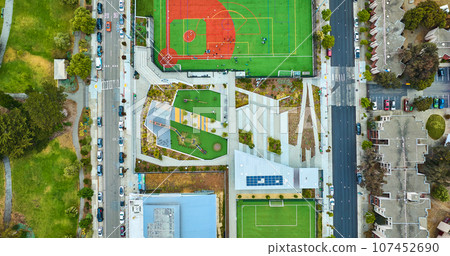 Downward aerial of section between James P Lang Athletic Fields and Margaret S Hayward Soccer Field 107452690