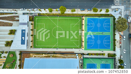 Downward aerial over Margaret S Hayward Soccer Field with Margaret S Hayward Basketball Courts 107452850