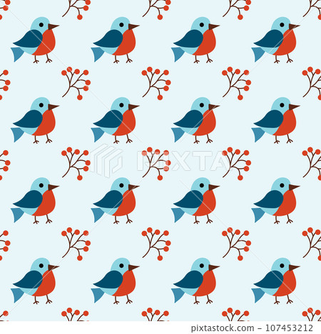Christmas winter seamless pattern with cute birds bullfinches and rowan berries. Vector flat background. 107453212