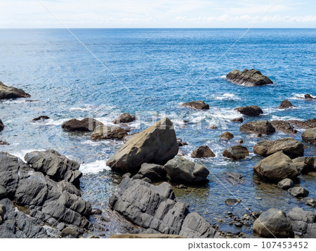 Coastal scenery of the Pacific Ocean in summer (August). The coast in Kochi Prefecture. Coastal scenery of the Pacific Ocean in summer (August). The coast in Kochi Prefecture. 107453452