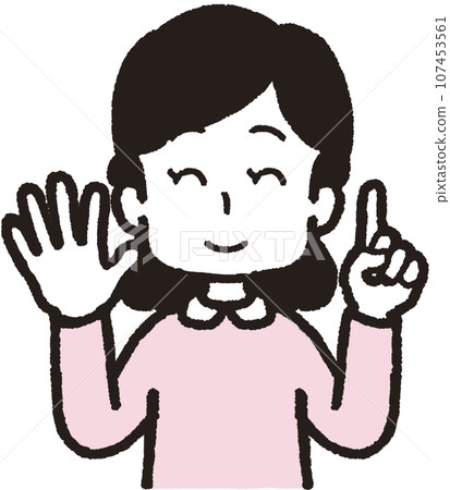 Upper body illustration of a smiling woman doing 51 hand signs with one finger and five fingers on her right hand Upper body illustration of a smiling woman doing 51 hand signs with one finger and five fingers on her right hand 107453561
