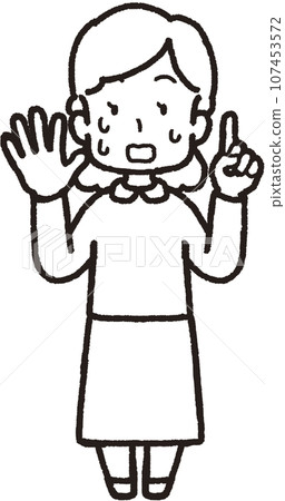 A full-body line drawing illustration of a sweaty and panicked woman making 51 hand signs with one finger on her left hand and five fingers on her right hand. 107453572