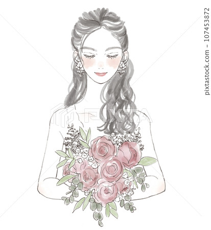 新娘拿著一束玫瑰花的插圖（婚禮插圖） 107453872