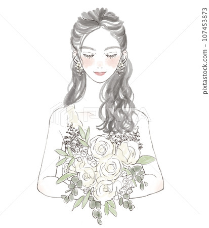 新娘拿著一束白玫瑰的插圖（婚禮插圖） 107453873