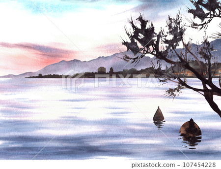 Adriatic watercolor sunset landscape with silhouette of mountains, far shore, tree branch and sea buoys with reflection. Hand drawn isolated illustration for your banner, flyer, brochure, postcard. Adriatic watercolor sunset landscape with silhouette of mountains, far shore, tree branch and sea buoys with reflection. Hand drawn isolated illustration for your banner, flyer, brochure, postcard. 107454228