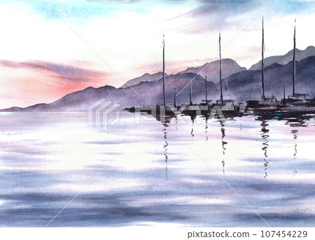 Adriatic sea watercolor landscape with sunset, silhouette of mountains, harbour, yachts, fishing boats and sea reflection. Hand drawn isolated illustration. Seascape for your banner, flyer, postcard Adriatic sea watercolor landscape with sunset, silhouette of mountains, harbour, yachts, fishing boats and sea reflection. Hand drawn isolated illustration. Seascape for your banner, flyer, postcard 107454229