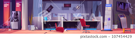 Abandoned and broken bank customer service office. 107454429