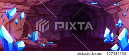 Dark cave with blue gemstones on walls 107454560