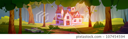House on sunny glade in magic forest 107454594