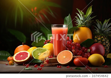 Tasty fruits and juice with vitamins on background Generative AI Tasty fruits and juice with vitamins on background Generative AI 107454642