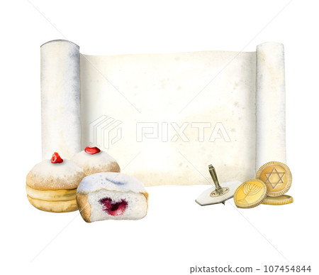 Hanukkah greeting card template with Torah scroll, traditional donuts, dreidel and coins watercolor illustration isolated on white background. Hand drawn Jewish sevivon and sufganiyot, Hanukkah greeting card template with Torah scroll, traditional donuts, dreidel and coins watercolor illustration isolated on white background. Hand drawn Jewish sevivon and sufganiyot, 107454844