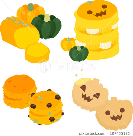 Icons of sweet and fluffy pumpkin sweets such as pound cakes, pancakes, scones, and cookies. Icons of sweet and fluffy pumpkin sweets such as pound cakes, pancakes, scones, and cookies. 107455185