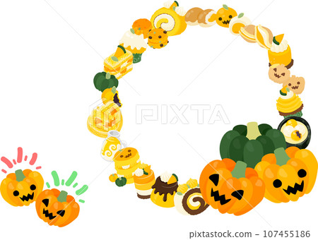 Sweet and fluffy pumpkin sweets wreath and icon 107455186
