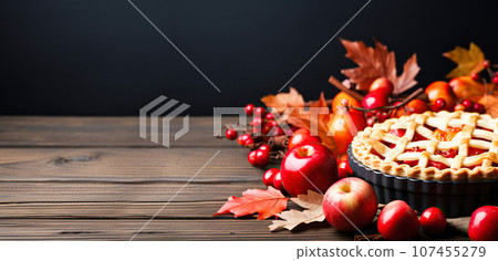 Festive American apple pie decorated with powdered sugar and apple pieces on a dark background. Festive sweet dessert 107455279