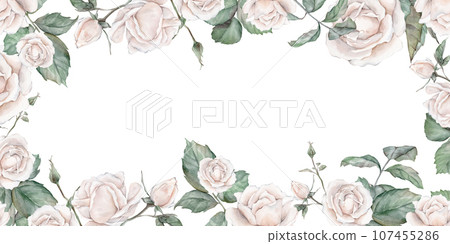 Watercolor white tea rose frame. hand drawing illustration , isolated white background, flower clipart. for design wedding invitations, anniversary, birthday, postcards, greetings Watercolor white tea rose frame. hand drawing illustration , isolated white background, flower clipart. for design wedding invitations, anniversary, birthday, postcards, greetings 107455286