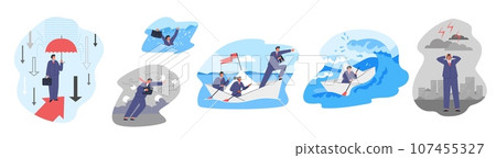Vector set survival of individual business person or team in economic and financial storm, leadership, business success 107455327