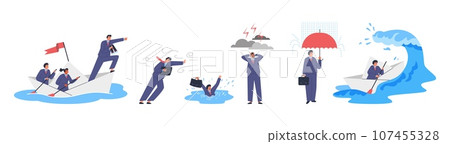 Businessman lead business in financial crisis, risk management, success wrong strategy in storm vector illustrations set 107455328