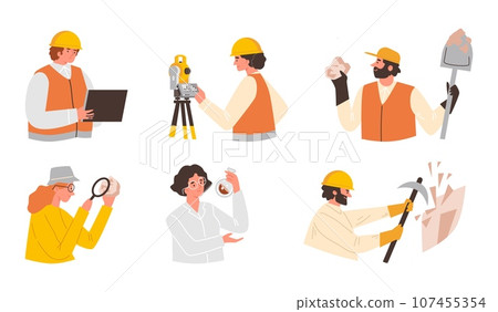 Vector set of cartoon geologist compositions with people and technical equipment for excavation, research, measurement 107455354