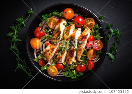 Grilled chicken salad with tomatoes and herbs in a bowl 107455355