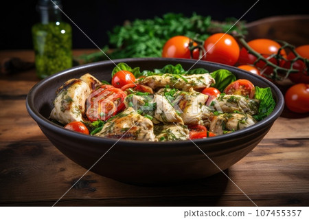 Grilled chicken salad with tomatoes and herbs in a bowl 107455357