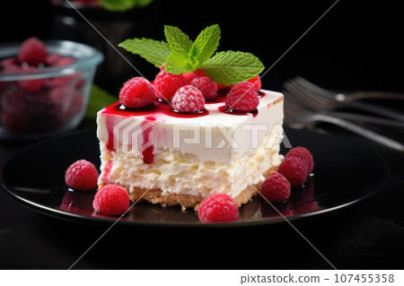 Cheesecake with raspberries and mint on black plate 107455358