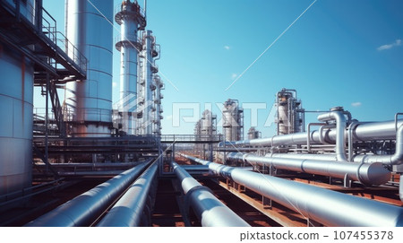 Steel long pipes in crude oil factory. Oil refinery Steel long pipes in crude oil factory. Oil refinery 107455378