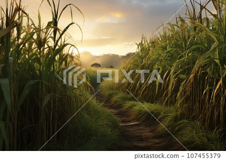 Sugar cane stalks on plantation at morning dawn 107455379