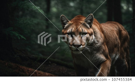 Cougar in the dark forest 107455384