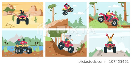 Vector illustration set with red quad bike with people in helmet off-road driving in the forest, desert, swamp, mountain 107455461