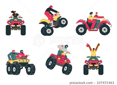 Vector isolated illustrations set with red Quad bike with racing people, ATV, all-terrain vehicle, outdoor adventure Vector isolated illustrations set with red Quad bike with racing people, ATV, all-terrain vehicle, outdoor adventure 107455463