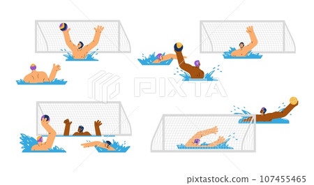 Set of water polo match scenes, flat vector illustration isolated on white background. Set of water polo match scenes, flat vector illustration isolated on white background. 107455465