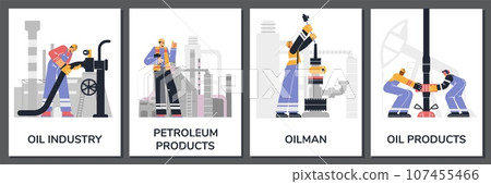 Posters set of various processes for ensuring the oil and gas manufacturing, vector flat industry workers and engineers 107455466
