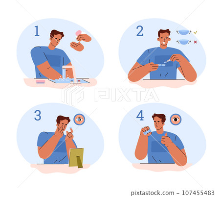 Contact lenses insertion instruction, flat vector illustration isolated on white background. 107455483