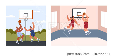 Set of scenes with people playing basketball in gym and outdoor flat style Set of scenes with people playing basketball in gym and outdoor flat style 107455487