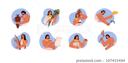 Ancient egypt society set with isolated characters, Egyptian culture, tradition, farming, agriculture education and art Ancient egypt society set with isolated characters, Egyptian culture, tradition, farming, agriculture education and art 107455494