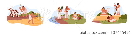 Set of scenes with working Egyptian people flat style, vector illustration Set of scenes with working Egyptian people flat style, vector illustration 107455495