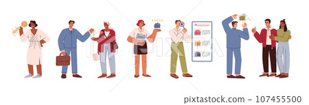 Set of vector illustrations with realtors and clients of real estate agency, service for the sale, rent, loan, mortgage 107455500