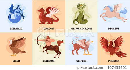 Mythical creature cards set, cartoon flat vector illustration. 107455501