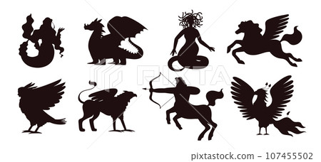 Set of silhouettes of mythical creatures, flat vector illustration isolated on white background. Set of silhouettes of mythical creatures, flat vector illustration isolated on white background. 107455502