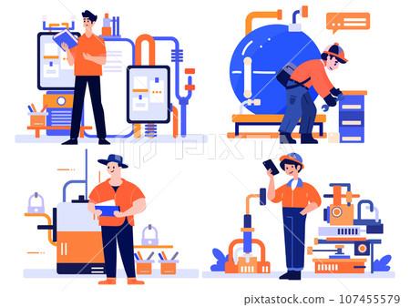 Hand Drawn Technician or engineer with engine in factory in flat style 107455579