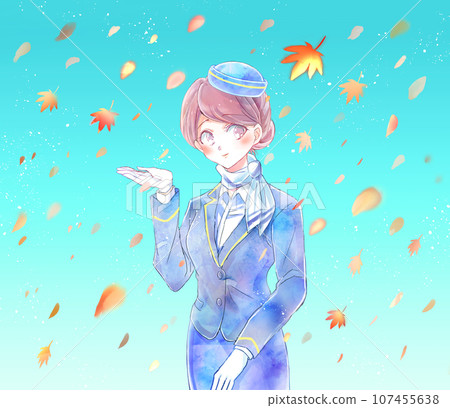 Bus guide, hair tied up, autumn leaves 107455638