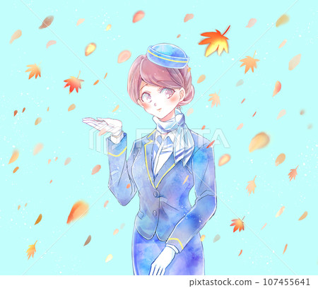 Bus guide, hair tied up, autumn leaves 107455641