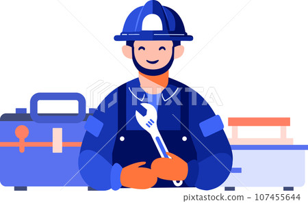 Hand Drawn Technician or engineer with toolbox in flat style 107455644