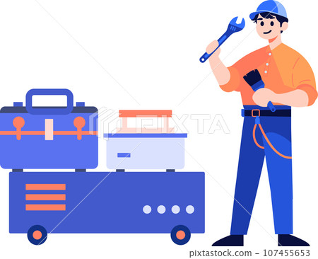 Hand Drawn Technician or engineer with toolbox in flat style 107455653