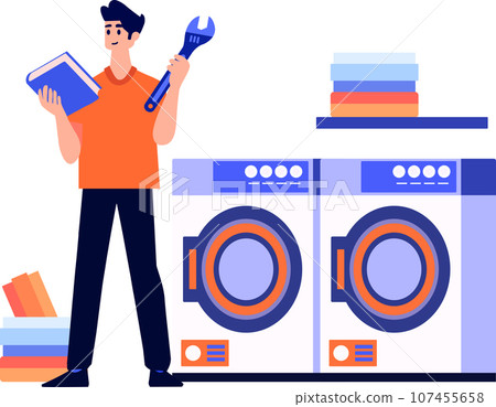 Hand Drawn washing machine repair technician in flat style Hand Drawn washing machine repair technician in flat style 107455658